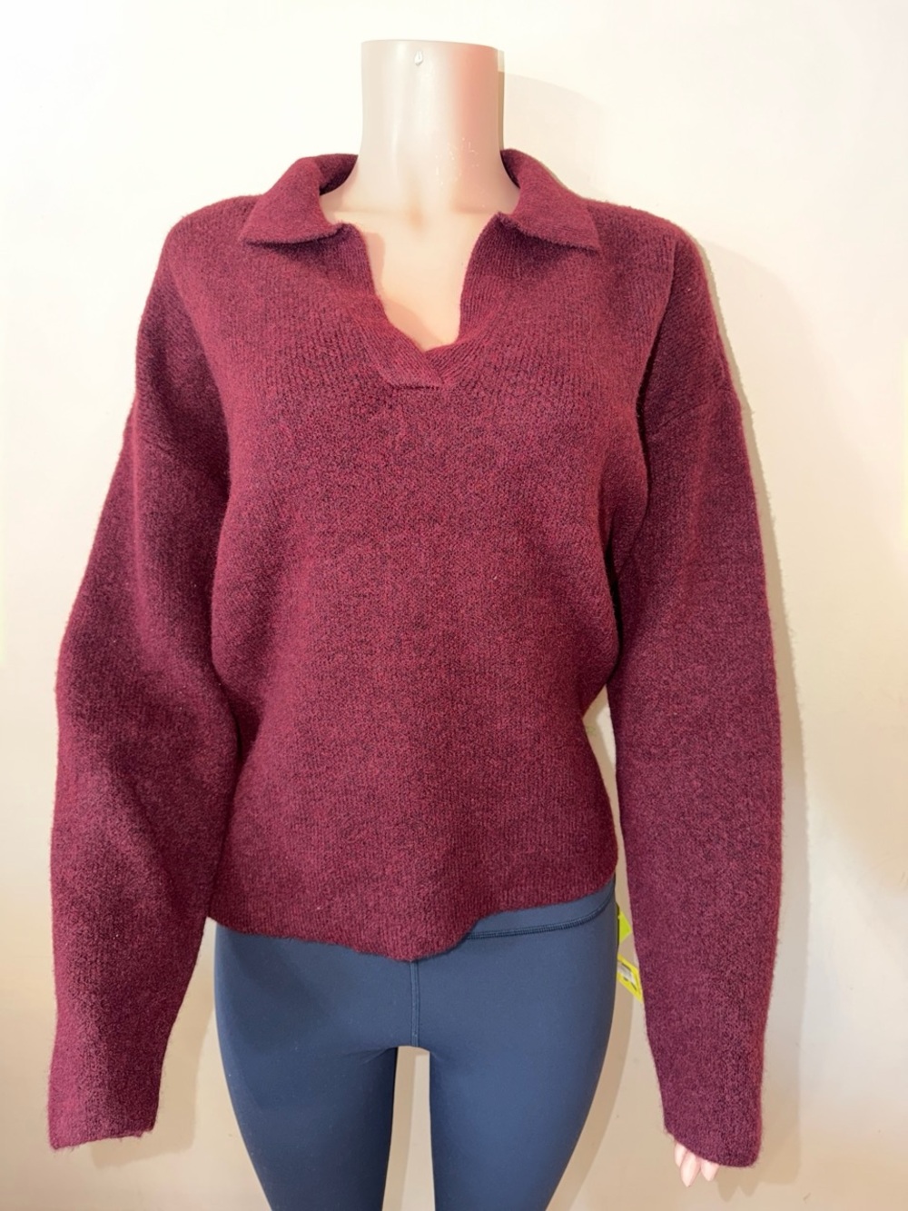 Women's burgundy V-Neck Collared Sweater